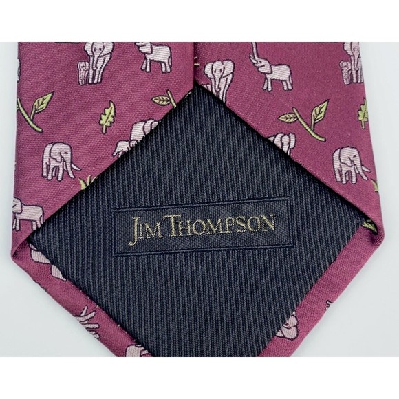 Jim Thompson Tie Mulberry Color - Elephants with Baby Animal Leaf Necktie - Picture 8 of 11